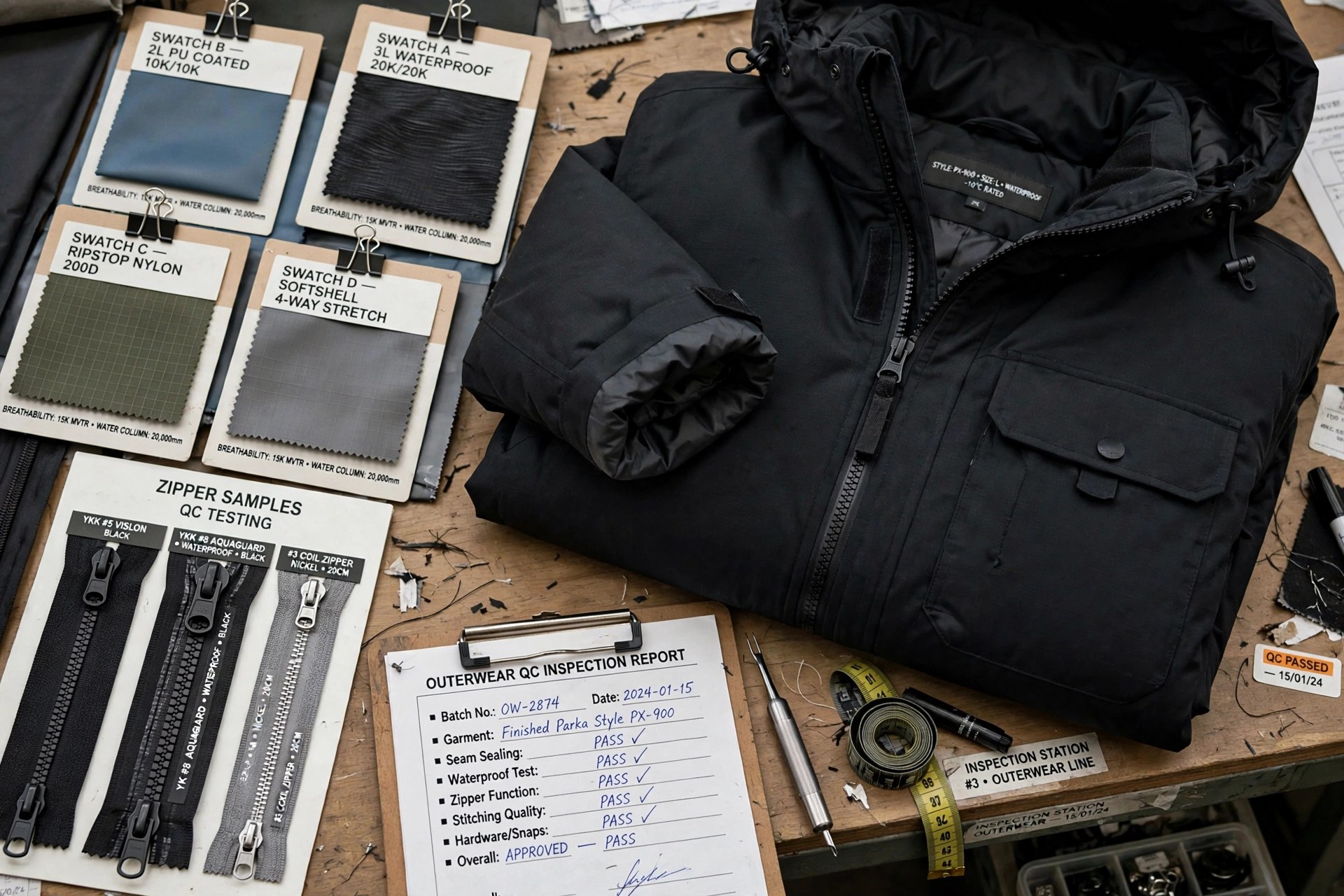 Parkas and windbreaker jackets in bright outdoor colors hanging in a row with hoods and zippers visible, product photography with no people