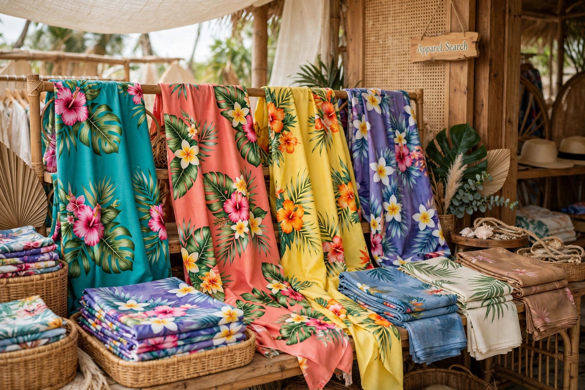 Colorful pareos with island floral prints draped and folded on a beachwear store display with sarongs beside them