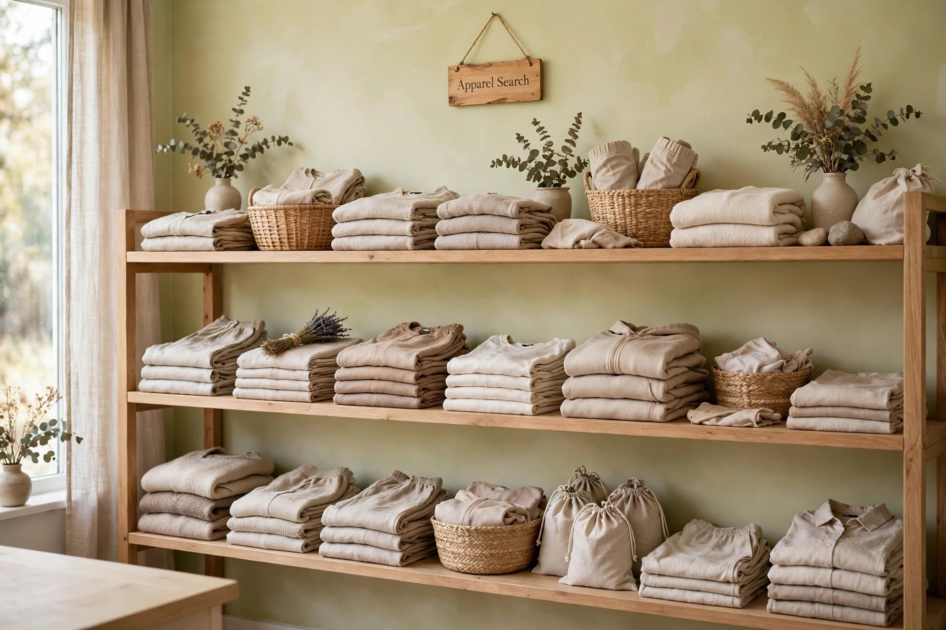 Negative ion clothing and wellness garments in soft fabrics displayed on a wellness store shelf