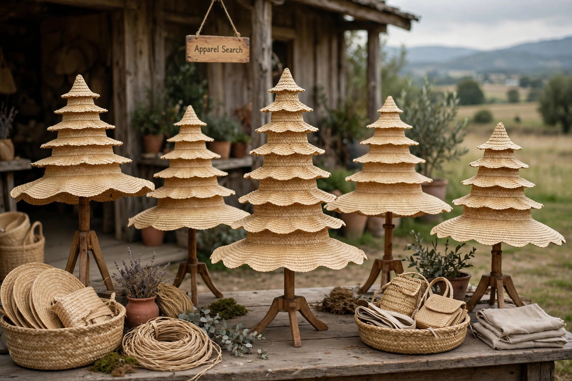 Tall pagoda-shaped sun hats in woven straw with tiered crowns displayed on stands